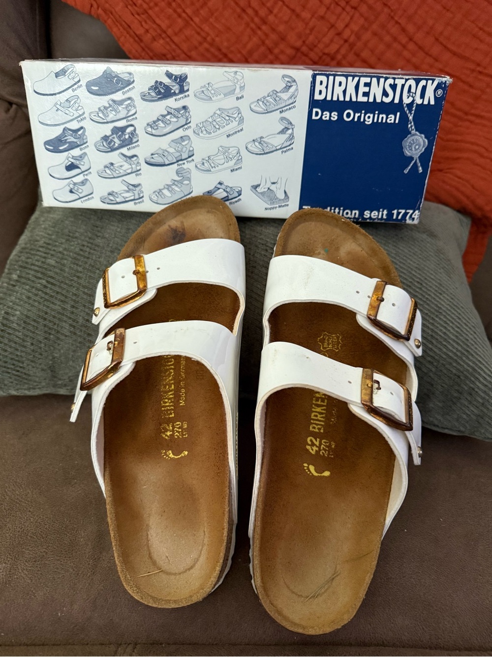Birkenstock White Patent Two-Strap Sandals with Gold Buckles - Picture 2 of 4